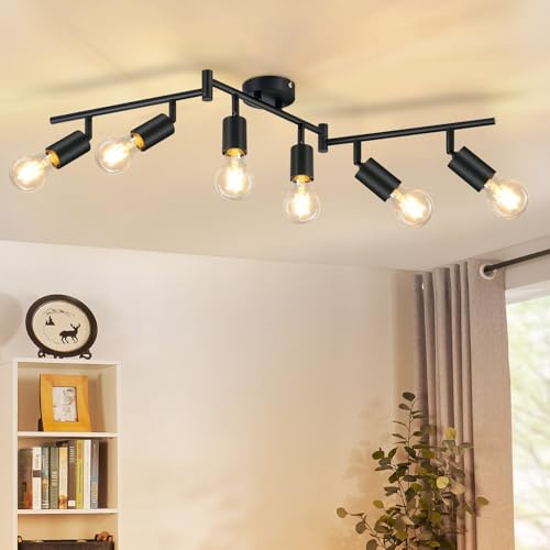 CBJKTX Takspotlight Svart taklampa E27 - Vintage takspot 6 flammig taklampa Svängbar 350° Spots Industriell kökslampa för hall kök vardagsrum sovrum (utan glödlampa)
