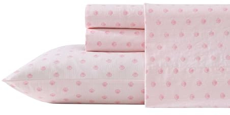 Laura Ashley - Full Sheets, Cotton Percale Bedding Set, Lightweight & Breathable Home Decor (Scallop Dollop Pink, Full)