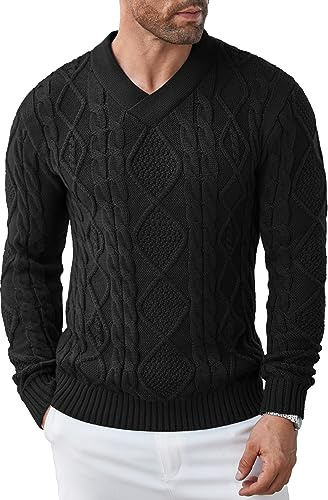 COOFANDY Maglione da Uomo Slim Fit con Scollo a V a trecce Maglione in Maglia di Cotone Maglione Invernale a Maniche Lunghe in Maglia fine-Nero L