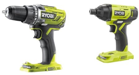 Ryobi - Perceuse-visseuse 18V - 2 vitesses - 50 Nm - 500-1 800 tr/min - 22 positions - mandrin 13 mm & Visseuse à Chocs 18 V ONE+ (Batterie et Chargeur non Inclus) pour Visser, Dévisser,Boulonner