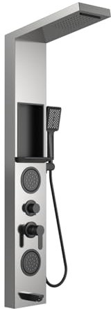 ELLO&ALLO Shower Panel System Tower with Shelf, Rainfall and Waterfall Head Rain Massage Stainless Steel Bathroom Fixtures with Adjustable Body Jets, Brushed&Black