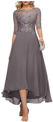KURFACE Vestido de noche largo de gasa con mangas para madre de la novia, con apliques de encaje, longitud del té, vestido de noche formal, Wisteria, 38
