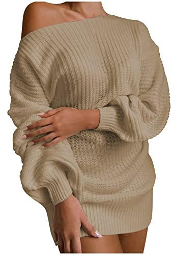 Jaysis Chandail Femme Long Epaule Denudee Sexy Pull Chic et Elegant Soiree Ample Pullover Manche Longue Tricot Torsade Leger Pulls Basique uni Casual Blouson Chaud Hiver Automne (Gold, XL)