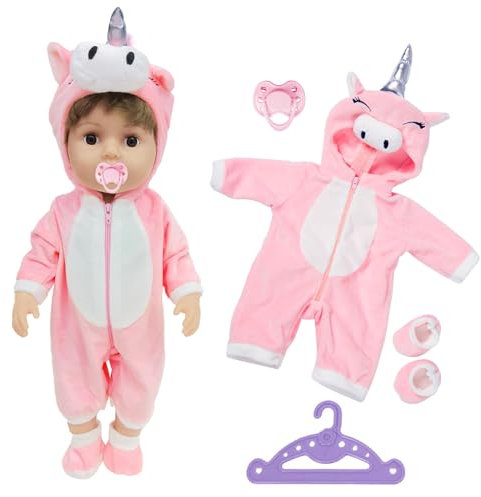Baby Doll Clothes for 14-18 Inch Dolls, 35-45 cm Baby Dolls Cute Pink Horse Hoodie Onesie Hanger Socks Pacifier Dolls Clothes Accessories Baby Doll for Girls Boys