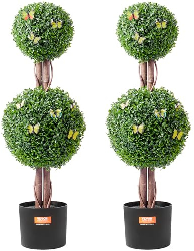 VEVOR Artificial Boxwood Topiary Tree, 36 inch Tall (2 Pieces), Double Ball Faux Topiary Trees, Faux Plant w/Extra Leaves & Pot & Small Decoration, UV Rated Set for Home Decor Indoor/Outdoor
