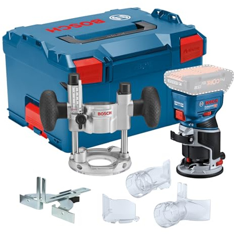 Bosch Professional 18V System Akku-Kantenfräse GKF 18V-8 (Parallelanschl., 2x Saugadapter Fr., Spanschutz, 8mm-Spannz., Spannschl., TE-Taucheinheit, 2x Saugadapter Taucheinh., L-BOXX o. Akku/Ladeger.)