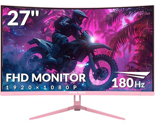 Great voell Ecran PC Gamer Incurvé 27 Pouces Rose - 180Hz, FHD 1920x1080, Contraste 4000:1, sRGB 98%, VA Rapide, HDR10, FreeSync, VESA 75x75mm