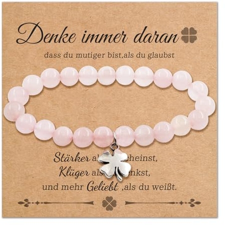 Rosenquarz Edelstein Armband,Perlenarmband mit Vierblättriges Kleeblatt,Mutmacher Geschenk Motivationsgeschenke für Damen,Armbänder für Schwester Freundin Freundschafts,Geschenkideen Armband