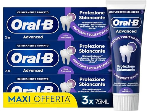 Oral-B Dentifricio Advanced Protezione Sbiancante 3x75ml, Oral B Dentifricio Sbiancante Denti, Clinicamente Provato, Pulizia Denti Efficace, Alito Fresco Sapore Menta Piperita