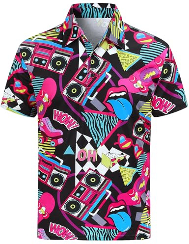 COSAVOROCK Polo años 80 Hombre Camisas Anos 90 Hip Hop de Golf Manga Corta, Años 80 Negro, L
