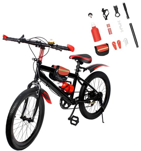 ROGONPDK Vélo VTT 20 pour Enfant, VTT Enfants, vélo à 7 Vitesses pour garçon et Fille avec Bouteille d'eau, Sac de Rangement, Cloche de vélo, capacité de Charge: 85 kg, Vélo pour Enfants(Rouge)