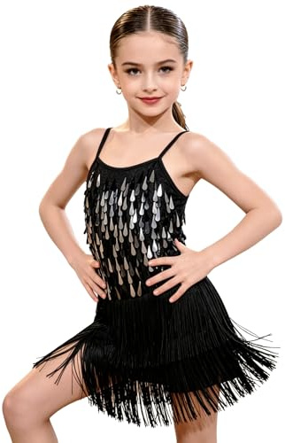 LOLANTA Paillette Frange Danza Costume Bambina, Abiti Ballo Latino Salsa Rumba Bambini, Mini Abito Completo Ballo Senza Maniche con Nappe e Pantaloncini, Nero, 10-11 Anni, 150