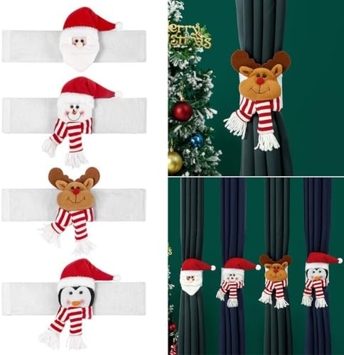 Yuanpgky Juego de 4 alzapaños festivos de felpa para cortinas de Papá Noel, decorativos de Navidad para sujetar ventanas en tela color rojo, blanco, caqui, de larga duración y fácil de instalar (1)