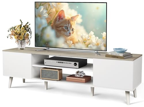 WLIVE TV Stand for TVs up to 70, TV Unit 160cm with Storage,Greige & White | Wooden TV Console with 3-Level Adjustable Shelves, 2 Side Cabinets,Farmhouse Industrial,for Living Room Entertainment Room
