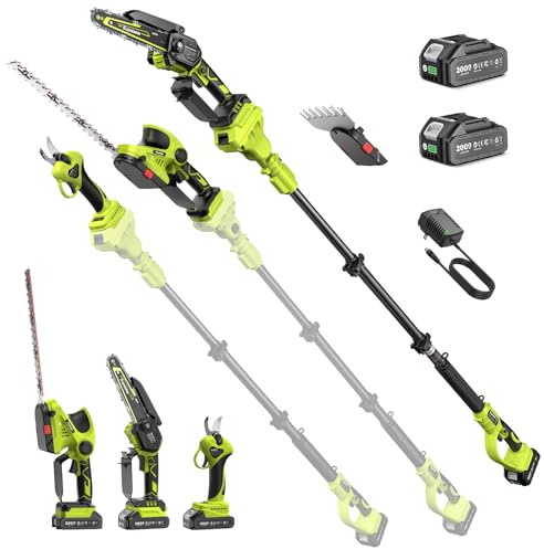 Tagliarami su asta, tagliasiepi e potatore 8 in 1, mini motosega, forbici elettriche e tagliasiepi a batteria da 2*2000mAh, portata fino a 4,6 m, per la manutenzione del giardino e il taglio del legno