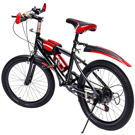 EurHomePlus Mountain bike per bambini da 20 pollici, per ragazzi e ragazze, 6 marce, freno a disco in alluminio e freno a V, con borsa e portabottiglie, colore: rosso