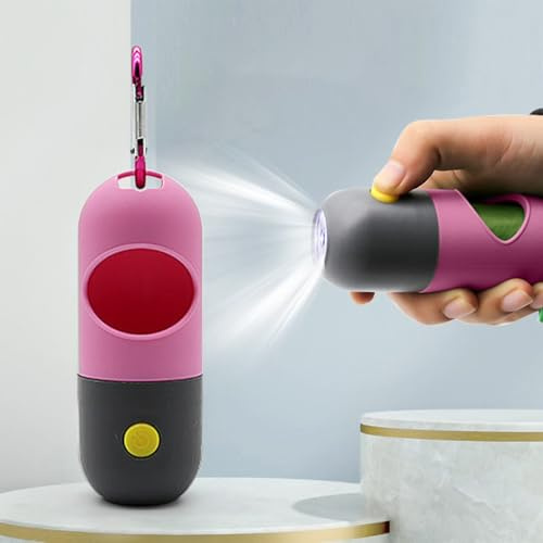 El Furry Fiesta - Dispensador de bolsas para excrementos de perro con linterna LED - Soporte para bolsas de basura de perro con mosquetón, incluye 1 rollo, accesorio ligero para pasear perros (rosa)
