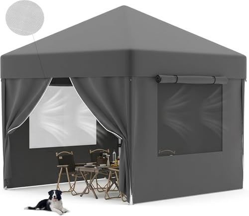 TRIUMPHKEY Pop Up Faltpavillon Fenster mit Netz Belüftung, Pavillon 3x3m Wasserdicht Stabil Winterfest, Faltbar Partyzelt Gartenzelt Gartenpavillon, Grau