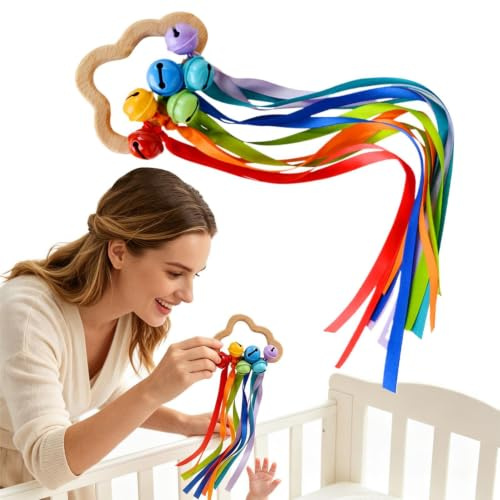 Kid Rattle Toys Rainbow Wooden Easy Grip Teething Ring Sensory Ribbon Toy | Rainbow-colored handbells, hand-shaped dragon toys, sensory development toys, educational toys, children's ring toys,