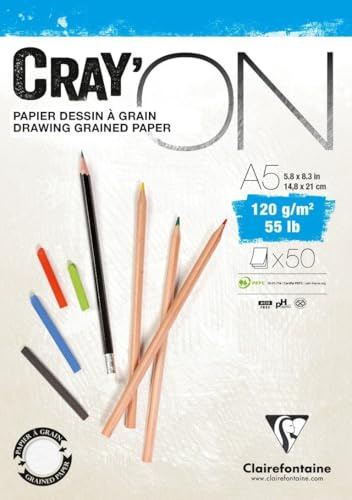 Clairefontaine 975019C Bloc Collé Cray'ON - 50 Feuilles Papier Dessin Blanc au Grain Fin - A5 14,8x21 cm 120g - Idéal pour le Dessin et le Croquis au Crayon