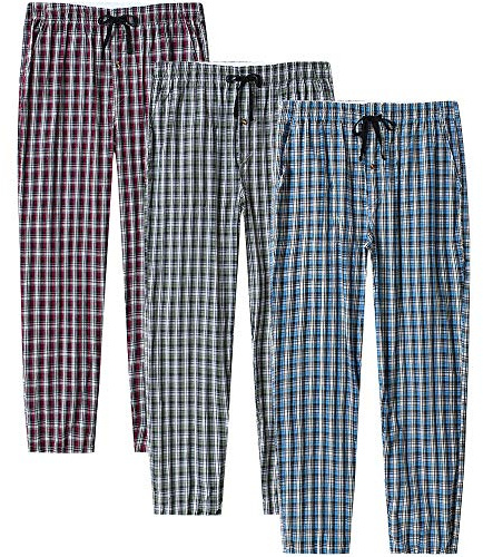 MoFiz Homme Bas de Pyjama Coton Pantalons Longs de Salon à Carreaux Léger Vêtements de Nuit avec Poches 3 Pack-D XL