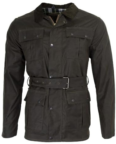 Walker and Hawkes - Grafton - Chaqueta de Estilo Motociclista para Hombre - Tejido Encerado Impermeable - con cinturón y 4 Bolsillos - Verde Oliva - XS