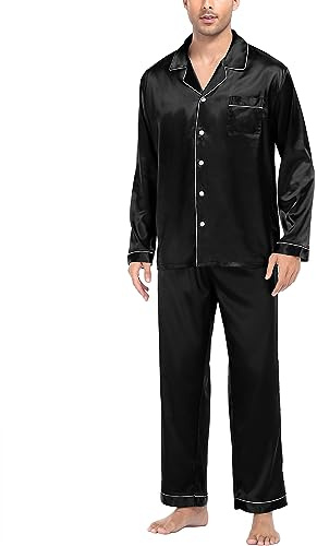 SWOMOG Mens Satin Pyjamas Set Long Sleeve Button Down Sleepwear Silk Pyjama Set Men Blouse and Long Pants PJs