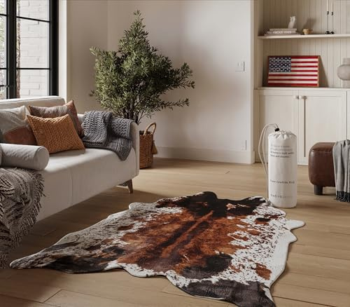 NativeSkins Tappeto in finta pelle di vacchetta, colore marrone (medio), 1,3 x 1,7 m, stampa mucca, decorazione per camera da letto, taglio a mano, retro antiscivolo in finta pelle scamosciata