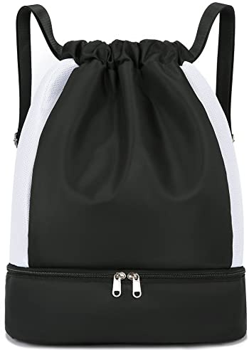Keyck Zaino Palestra Donna Uomo Sacca Sportiva Impermeabile Borsa Coulisse con Scomparto Scarpe e Scomparto Bagnato, Ragazza Ragazzo Zainetto Zainetti per Sport Viaggio Scuola Spiaggia Nuoto, Nero