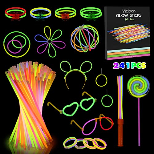 Vicloon Glow Sticks, 241 Pcs Party Pack with Heart Shaped Glasses, Lollipop, Bracelet Connectors, Cheer Stick, Premium Glow Neon Necklaces for Party, Festival, Wedding, Halloween Decoration