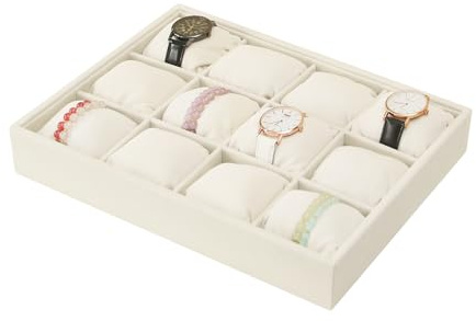 Coward Vassoio organizer in velluto beige per orologi, braccialetti e braccialetti, vassoio in velluto a 12 griglie con cuscino per orologi in giada
