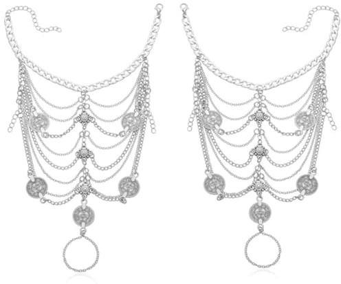 Danshinbow 1 Pair Vintage Münze Fußkettchen Silber und Gold Barfuß Sandalen Knöchel Fuß Schmuck mit Zehenring für Frauen und Mädchen (Silber)