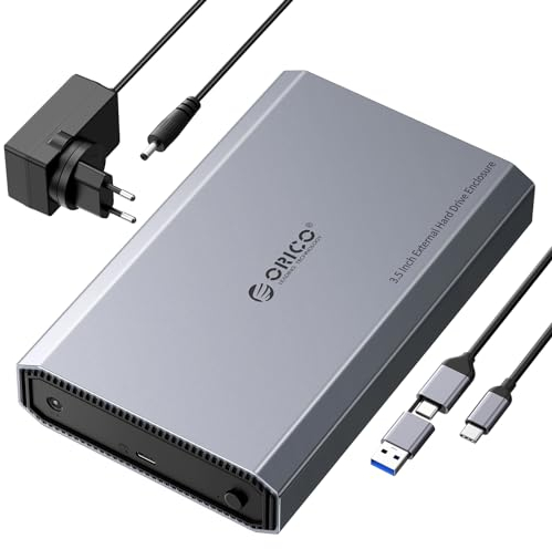 ORICO Aluminium Festplattengehäuse 3,5 Zoll USB C 3.2 6Gbps Externes HDD Gehäuse für 2,5/ 3,5 SATA HDD SSD Maximal 20 TB mit USB C/A 2-in-1 Kabel, Unterstützt UASP,12 V/ 2A Netzteil (DD35C3)