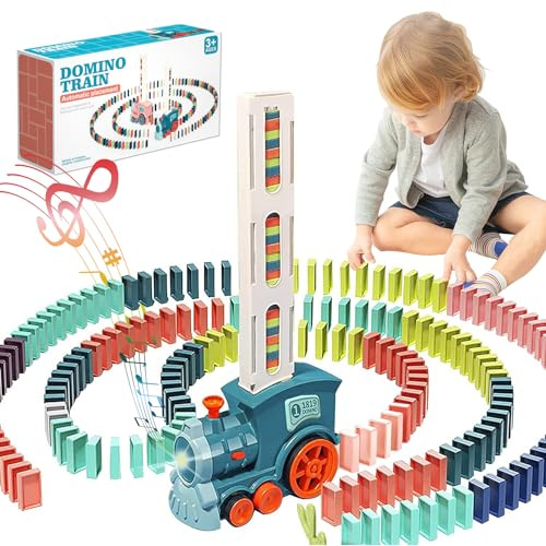 ZAOSMUS Domino Train pour Enfants, 100 Pièces de Automatiques Dominos de Pose Train Electrique avec Son, Jeu d'empilage de Blocs de Construction, Jouet pour Garçons et Filles de 3 Ans (Cyan)