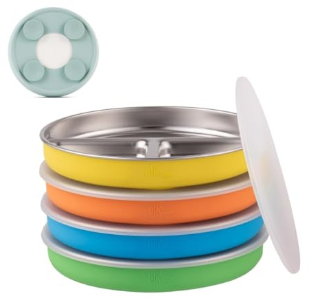 Elk and Friends - Platos divididos de acero inoxidable con funda de silicona para bebés y niños pequeños, tapas incluidas, succión para mantenerse en puesto, platos de cena y aperitivos, paquete de 4