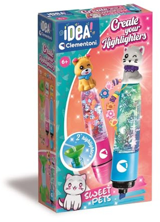 Clementoni Idea – Create Your Highlighters: Sweet Pets – Labor für personalisierte Textmarker, Kreativ-Set für Kinder ab 6 Jahren, mit 2 personalisierbaren Textmarkern mit Zubehör, 18875