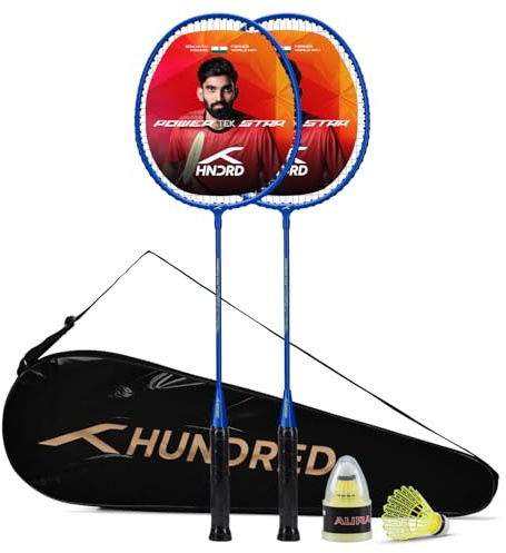 Hundred Powertek Star (2 Strung Rackets with 1 Full Coverage) with 2 Nylon Shuttlecocks (Blue)