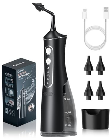 Ohrenschmalz Entferner Ohrenreiniger, Elektrischer Ohrreiniger für Erwachsene Kinder, IPX7 Wasserdicht Ear Cleaner mit 4 Modi & DIY Wasserdruck Ohrenspülung - Ohrendusche Set mit 4 Ohr Tipps (Schwarz)