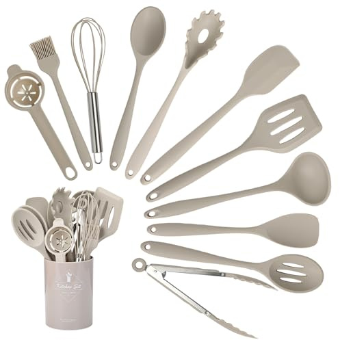 VINATO Juego de Utensilios de Cocina 12 Piezas de Silicona Alimentaria, Utensilios de Cocina sin BPA | Apto Lavavajillas, Caqui