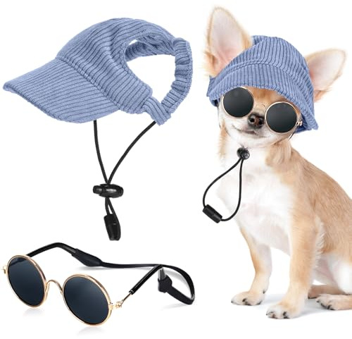 Jadive Gorra de Béisbol para Perros con Orificios para Las Orejas Gafas de Sol para Mascotas con Tiras Antideslizantes Sombrero para el Sol Ajustable para Cachorros(Azul,XS)