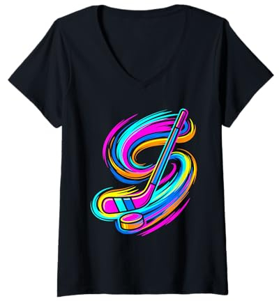 Femme Crosse de Hockey sur Glace T-Shirt avec Col en V