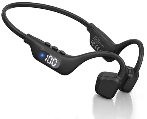 Cuffie Conduzione Ossea Bluetooth 6.0, Auricolari Sportivi Bluetooth Open-ear Autonomia 14 Ore, Open-ear Cuffie LED Display, IPX8 Impermeabili, Qualità Audio HD Per Corsa Ciclismo Guida Fitness (Nero)