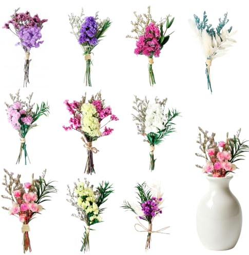 10-pack mini torkade blombuketter med förgätmigej och brudslöja, små torkade blommor för DIY-pyssel, hantverk och dekoration