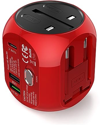 Adaptateur de Voyage Universel avec QC3.0 Charge Rapide 2 Ports USB 3.0 et 1 Interface de Type C (US/EU/UK/AU) dans Un Chargeur Multifonction pour Plus de 180 Pays, 2 fusibles (Red)