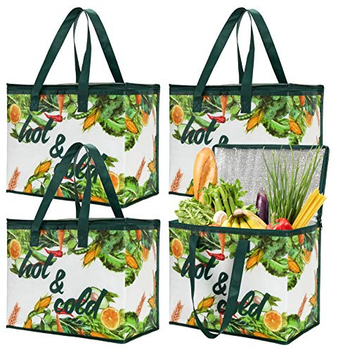 Bekith 4 Pack Insulated Reusable Grocery Bag, Large Shopping Tote with Zippered Top for Hot and Cold Food Transport, Wine Tote, Drinks Carrier, Stands Upright, Collapsible