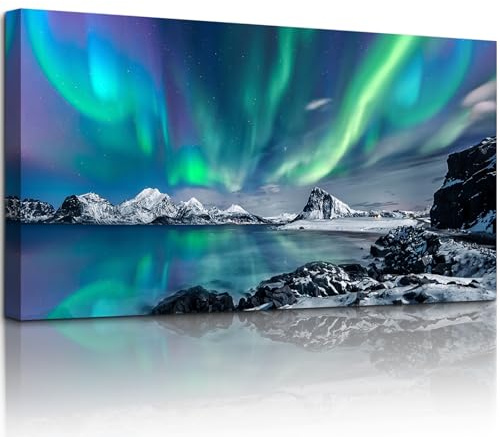 hyidecorart Quadri Aurora Moderni Soggiorno, 1 Pezzo Aurora Boreale Blu Verde Cielo Stellato Stampe Quadro Su Tela, Decorazioni Camera Da Letto Bagno Cucina Ufficio Sala Da Pranzo Bar