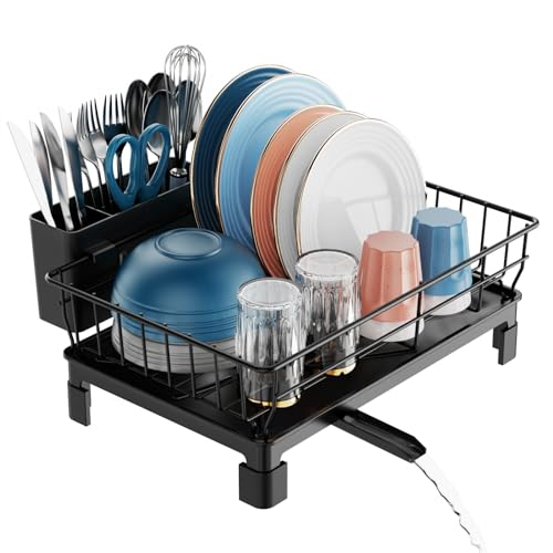 iSPECLE Dish Drainer Rack - Small Dish Drying Rack with Drip Tray, Compact Dish Rack Drainer with Drain Spout and Cutlery Holder for Kitchen Worktop or in Sink, Draining Board Rack, Black