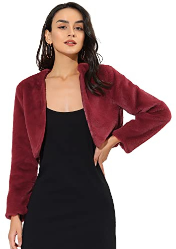 Allegra K Women's Cropped Open Front Jacket Collarless Long Sleeve Faux Fur Coat X-Small Wine Red