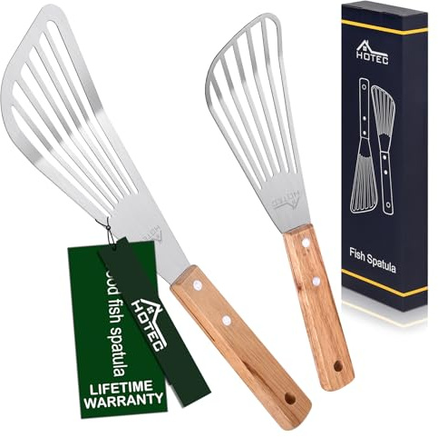 HOTEC 2-Pack Stainless Steel Fish Spatula, Wooden Handle