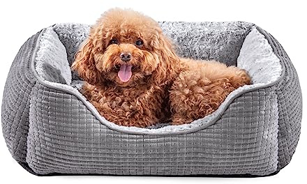 JOEJOY Small Dog Bed Washable Pet Bed, Rectangle Dog Bed Orthopedic Calming Non-Slip Bottom Breathable Soft Puppy Bed, Soft Rose Velvet Pet Bed For Small Dogs and Cats, Grey, 51x48x15 cm